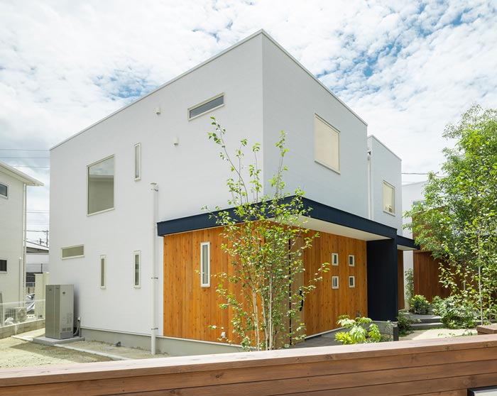 ホワイトと明るい木目柄のモダンデザインの家