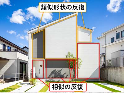 類似形状や相似図形の反復がある外壁デザイン