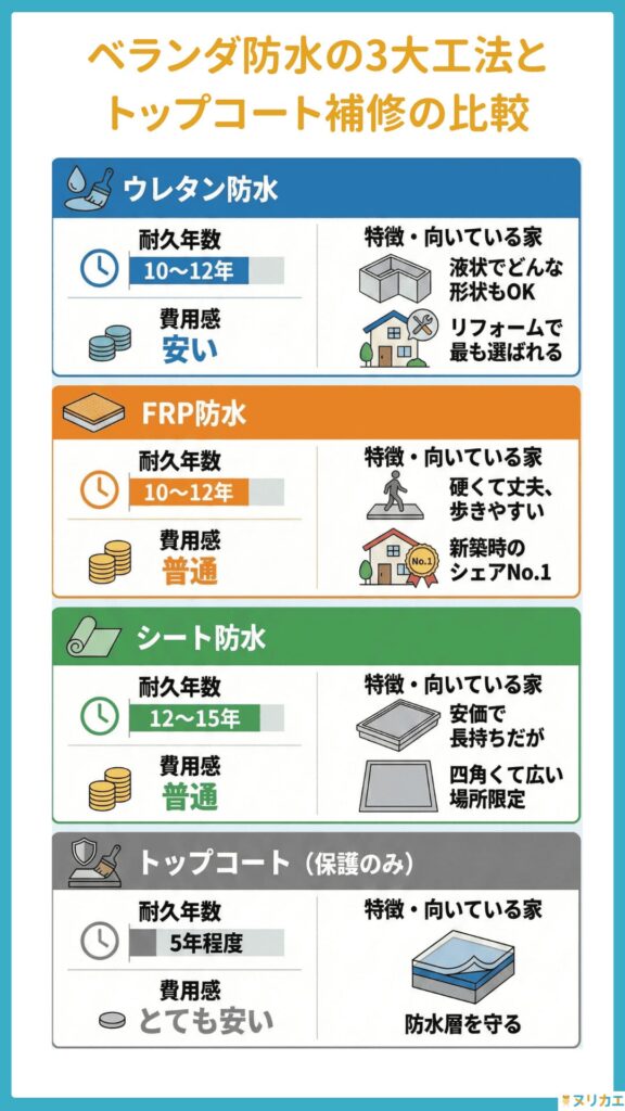 3大工法＋トップコートの比較一覧の図解