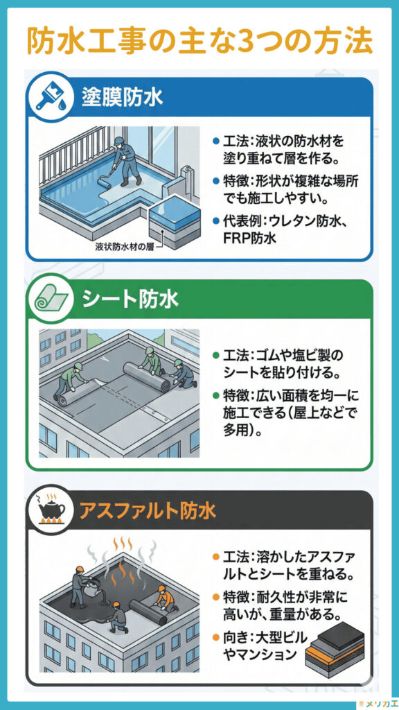 防水工事における主な種類の分類の図解