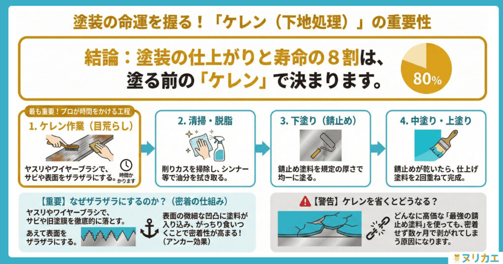以下は「ケレン（下地処理）」の重要についての図解