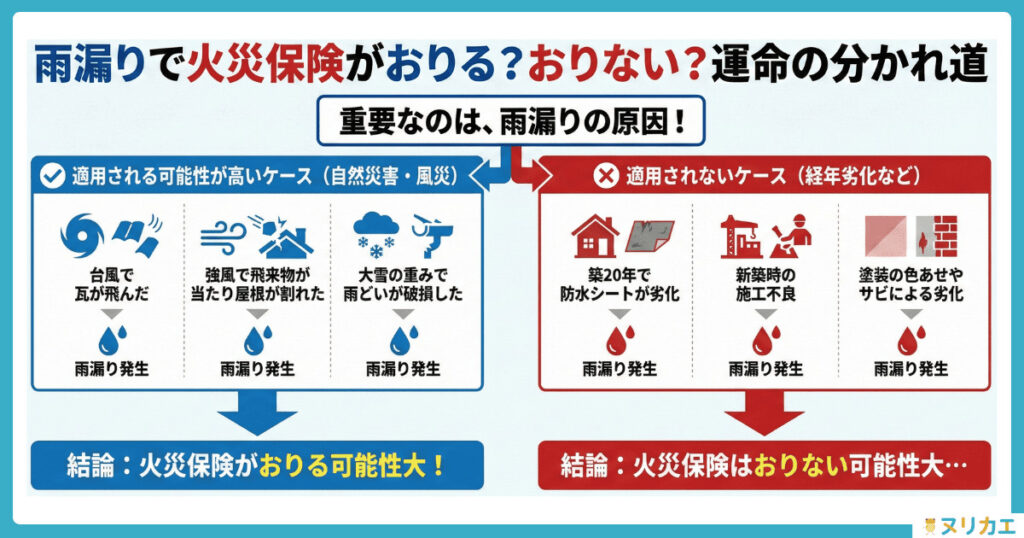 雨漏り修理で火災保険がおりる/おりない条件の図解